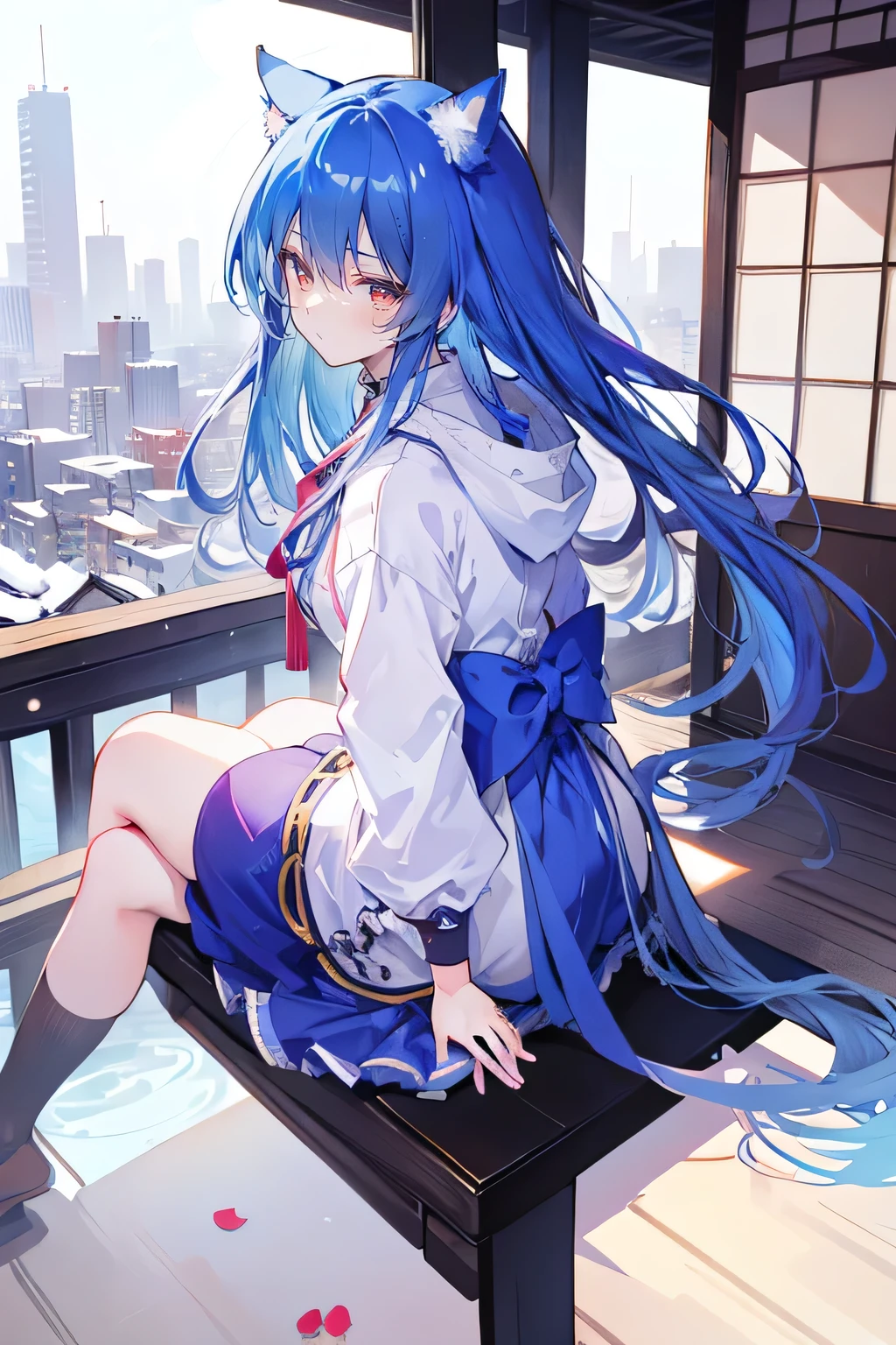 （masterpiece：1.2），Super detailed，lifelike，Expressive eyes，fair skin，perfect face shape，1 girl，
Japanese comics,Gorgeous blue hair,flowing blue hair,flowing clothes,Cat ears,Petals fall,beautiful lola,Baby Angel,
Cross your legs，Gentle and peaceful background，The pavilion is cool and comfortable,smile, wearing hoodie, background of tokyo,back views,snowing, winter.