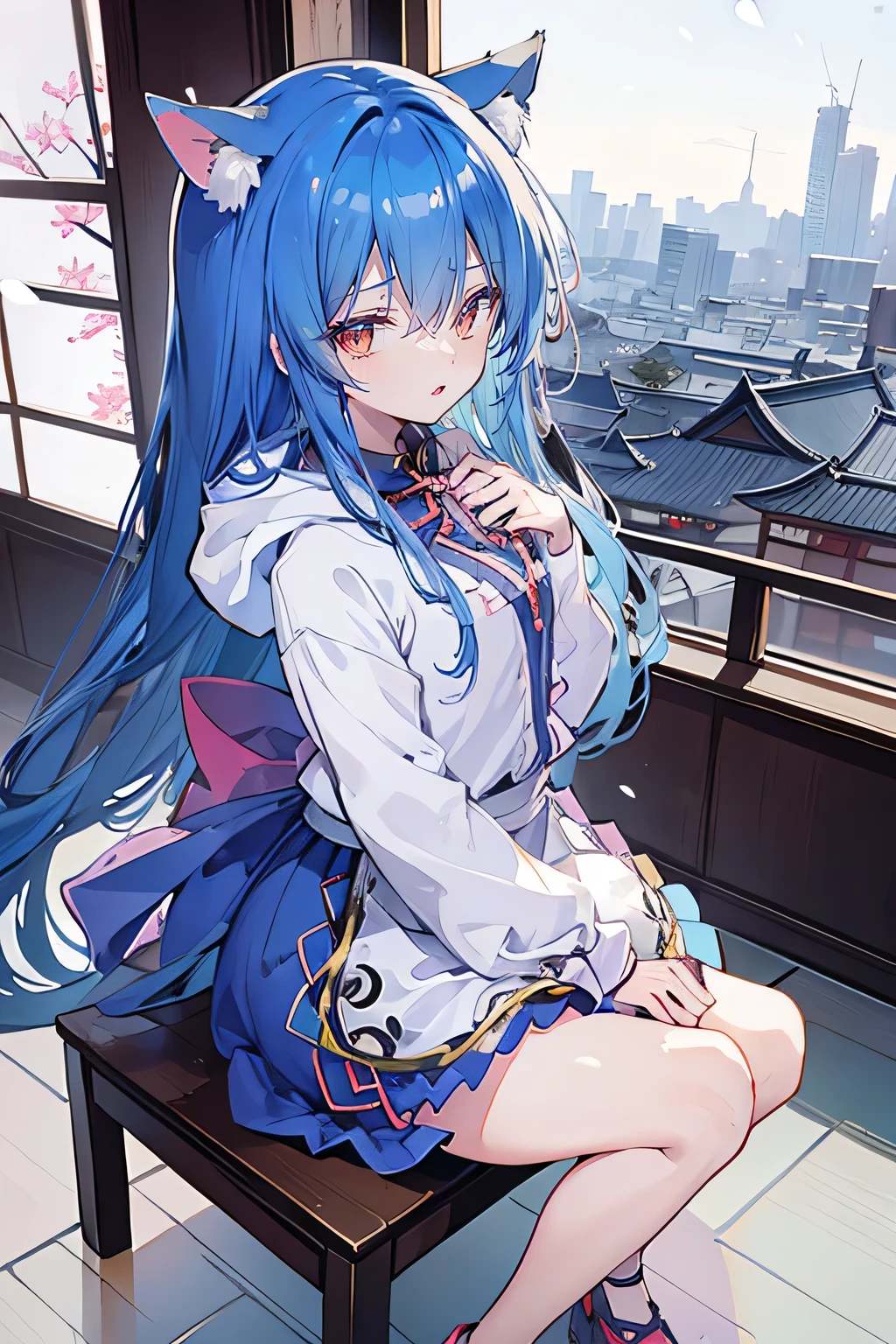 (masterpiece:1.2),Super detailed,lifelike,Expressive eyes,fair skin,perfect face shape,1 girl,
Japanese comics,Gorgeous blue hair,flowing blue hair,flowing clothes,Cat ears,Petals fall,beautiful lola,Baby Angel,
Cross your legs,Gentle and peaceful background,The pavilion is cool and comfortable,smile, wearing hoodie, background of tokyo,back views,snowing, winter.