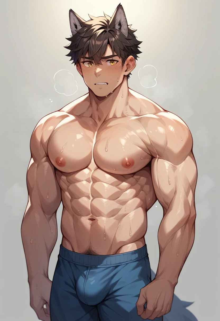 young boy, (wolf ear:1.5), chiseled abs, chiseled pecs, sweating, (), (covered human ear:1.5), shaggy hair, human ear behind hair, hidden human ear, pants bulge