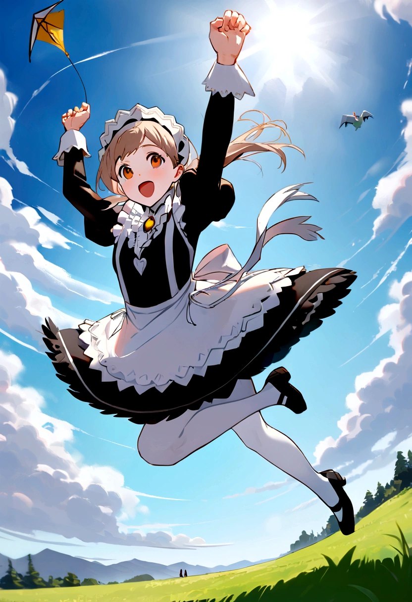 Landscapeの、Landscape、Landscapeのメイド、ビルの上をJump、From Lawn Angle、Maid clothes、beautiful girl、Maid Costume、Frills fluttering in the wind、ビルの合間をJumpする、there is a man that is Jumping in the air with a kite, Leap into the air, Jump pose, Jumping towards viewer, horizontally Leap!!!, Jumping for joy, Leap, Aerial浮揚, Rise from the ground, Leap towards viewer, ultra - high Jump, Jumping, Leap with arms up, Aerial, Jump