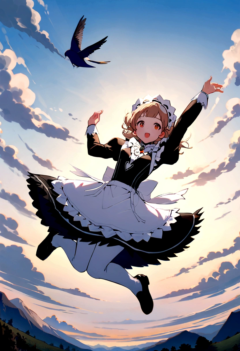 Landscapeの、Landscape、Landscapeのメイド、ビルの上をJump、From Lawn Angle、Maid clothes、beautiful girl、Maid Costume、Frills fluttering in the wind、ビルの合間をJumpする、there is a man that is Jumping in the air with a kite, Leap into the air, Jump pose, Jumping towards viewer, horizontally Leap!!!, Jumping for joy, Leap, Aerial浮揚, Rise from the ground, Leap towards viewer, ultra - high Jump, Jumping, Leap with arms up, Aerial, Jump