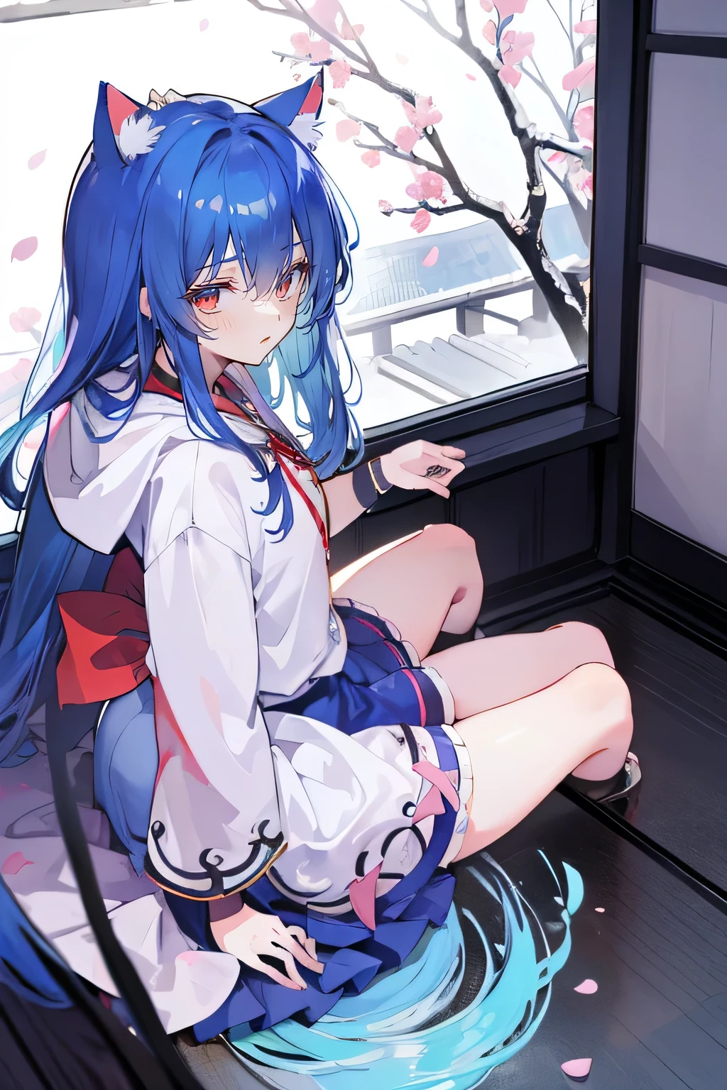 (masterpiece:1.2),Super detailed,lifelike,Expressive eyes,fair skin,perfect face shape,1 girl,
Japanese comics,Gorgeous blue hair,flowing blue hair,flowing clothes,Cat ears,Petals fall,beautiful lola,Baby Angel,
Cross your legs,Gentle and peaceful background,The pavilion is cool and comfortable,smile, wearing hoodie, background of tokyo,back views,snowing, winter.