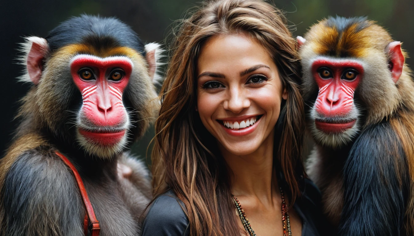 half body,
a woman smile with her best friend her red-tailed mandrill,
dark complex background, style by Thomas Kinkade+David A. Hardy+Carne Griffiths+Mandy Disher half vivid colors fine art, best quality, high detailed, detailed faces, 2d,