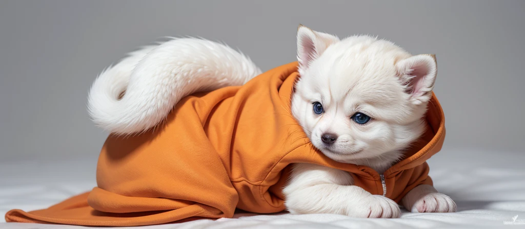 Create an image of a Siberian Rusky puppy using an orange hoodie with a white background in the proportion 1920x750