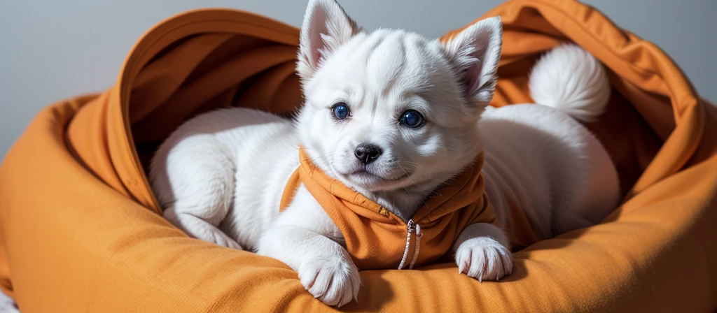 Create an image of a Siberian Rusky puppy using an orange hoodie with a white background in the proportion 1920x750