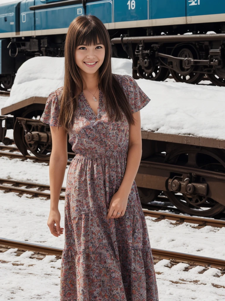 1girl, solo, realistic, her name is Cathlyn, she is a Caucasian brunette, 30 years old, mature face and body, smiling, short hair with bangs, chubby, wearing a printed dress outside Trans-Siberian Railway in Russia, (((wide shot)))
