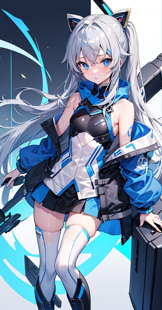 Girl,Gray Hair,Double tail,Blue Eyes。Blue jacket and white long sleeves,Black miniskirt for lower body,Both the top and bottom have gold patterns。Technology,flat chest,Airplane anthropomorphism。