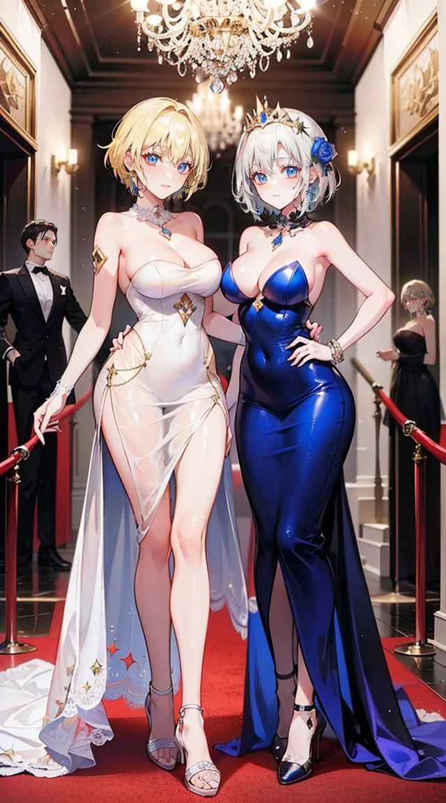 (2 young women ,Sesame girl)，(has short blonde hair)，nobility，(princess)，blue student，Tall figure，((Strapless dress))，low skirt，(Star evening dress)，Show your legs，Crystal heels，red carpet，prom website，(nobility)，(big tits),(Various poses),((Various color sets))