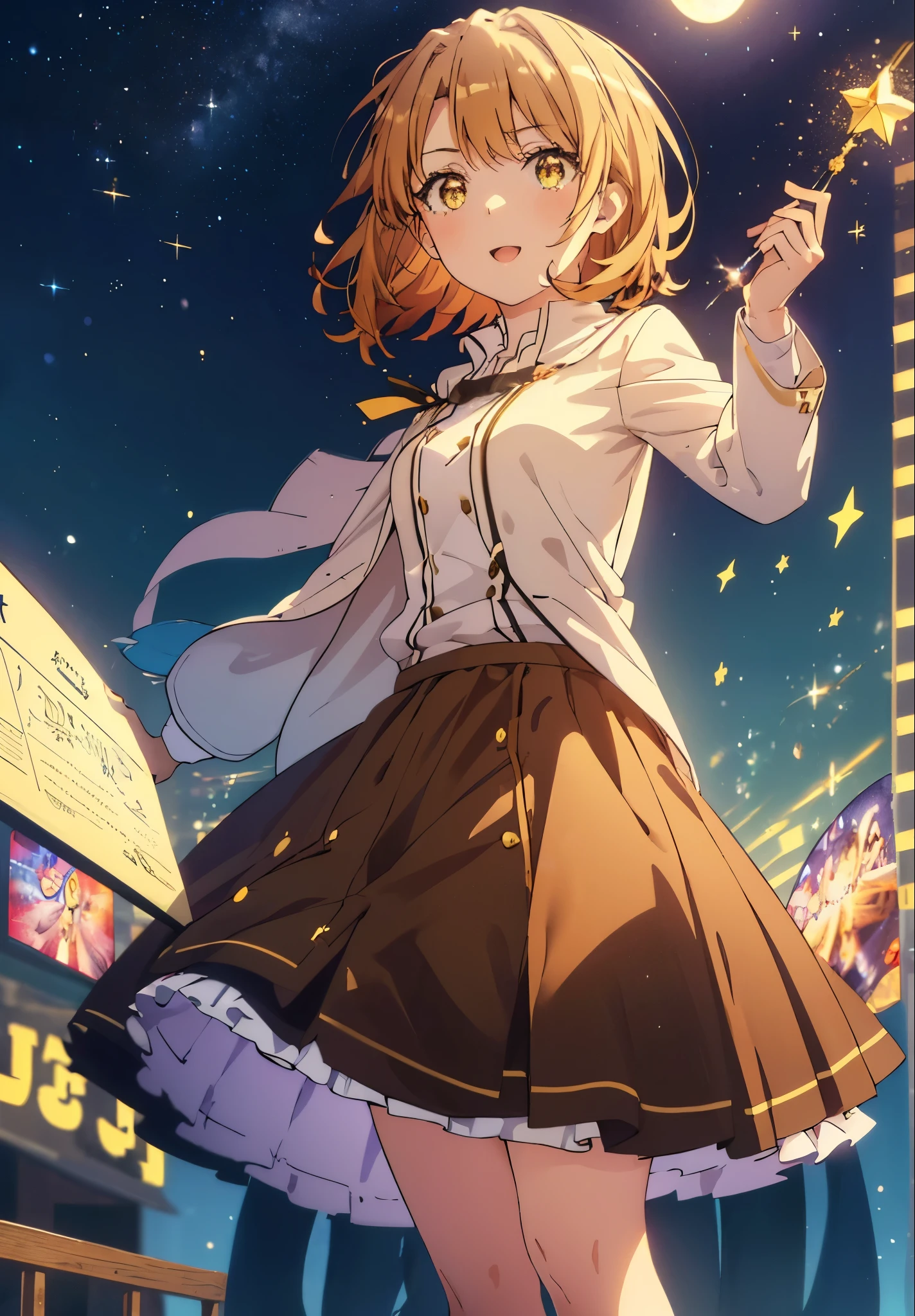 Irohaisshiki, isshiki iroha, Short Hair, Brown Hair, (Brown eyes:1.5), smile,((Night Sky)),((Big full moon)),((Sparkling and colorful stars)),Fluffy hair,((Idol style costume with soft volume)),Long skirt,Pointed shoes,Possessing a jeweled magic wand grip in his right hand,((witch)),Rubik&#39;s Square,So that the whole body goes into the illustration,
break outdoors, forest,forest
break looking at viewer,
break (masterpiece:1.2), Highest quality, High resolution, unity 8k wallpaper, (shape:0.8), (Narrow and beautiful eyes:1.6), Highly detailed face, Perfect lighting, Highly detailed CG, (Perfect hands, Perfect Anatomy),