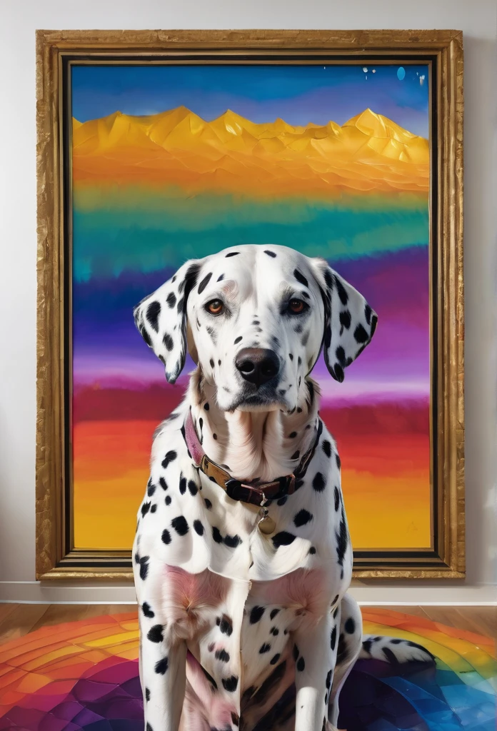 Perro dalmata, in the center of the image , lenormand oracle,Beautiful line art photo,Use gold strokes and rainbow paint,Golden Maiden,the golden ratio,Melted wax,Visible brush strokes,surrounded by crystal spheres,3D Mosaic Wireframe,neuroimaging,neurons,colours,California,intense emotion,Oil on canvas,Thick strokes,insanely details,8k ultra high definition,tmasterpiece,art stations,ultra-realistic realism,