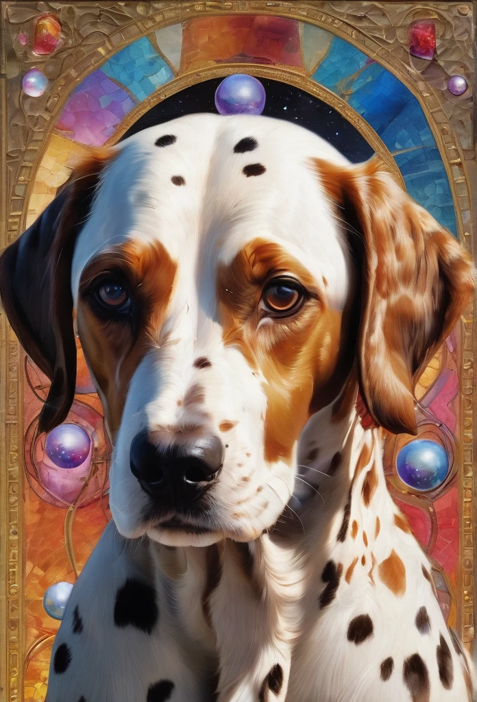 Perro dalmata, in the center of the image , lenormand oracle,Beautiful line art photo,Use gold strokes and rainbow paint,Golden Maiden,the golden ratio,Melted wax,Visible brush strokes,surrounded by crystal spheres,3D Mosaic Wireframe,neuroimaging,neurons,colours,California,intense emotion,Oil on canvas,Thick strokes,insanely details,8k ultra high definition,tmasterpiece,art stations,ultra-realistic realism,