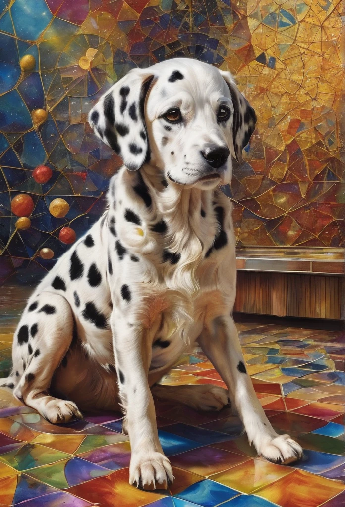 Perro dalmata, in the center of the image , lenormand oracle,Beautiful line art photo，Use gold strokes and rainbow paint，Golden Maiden，the golden ratio，Melted wax，Visible brush strokes，surrounded by crystal spheres，3D Mosaic Wireframe，neuroimaging，neurons，colours，California，intense emotion，Oil on canvas，Thick strokes，insanely details，8k ultra high definition，tmasterpiece，art  stations，ultra-realistic realism，