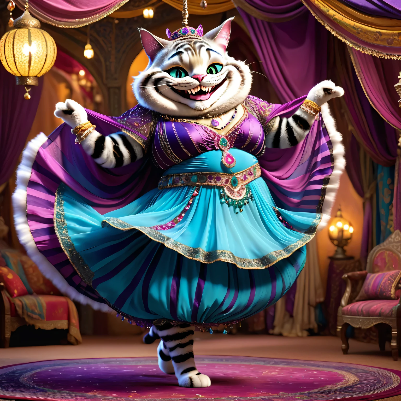 photorealistic portrait of Dressed animals - a ((fat)) ((Cheshire cat)) dancer,(furry), (dynamic dancing:2.0), (swinging arms :2.0),(smile:1.5),high quality,(happy),(lovely) ,intricate details, (sheer veil), highly detailed (( gypsy belly dancing clothes)) ,highly detailed decorations of clothes, Wearing gypsy belly dancing clothes, , (happy), soft lighting,(full body image:1.5),Arabian palace background,(viewed from side:2.0),