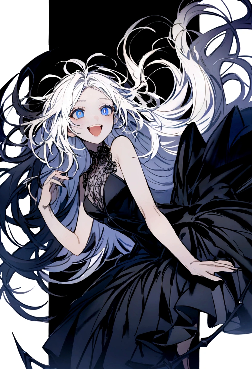 black dress with blue details, blue eyes with white pupils, happy expression , Messy hair , Long Messy Length Hair, 1womanl, White hair , light skin color, deep down, IT IS POSSIBLE A DEMON LORD PROTECTS IT FROM THE BLACK AND DARK BLUE COLOR, she has black heels
