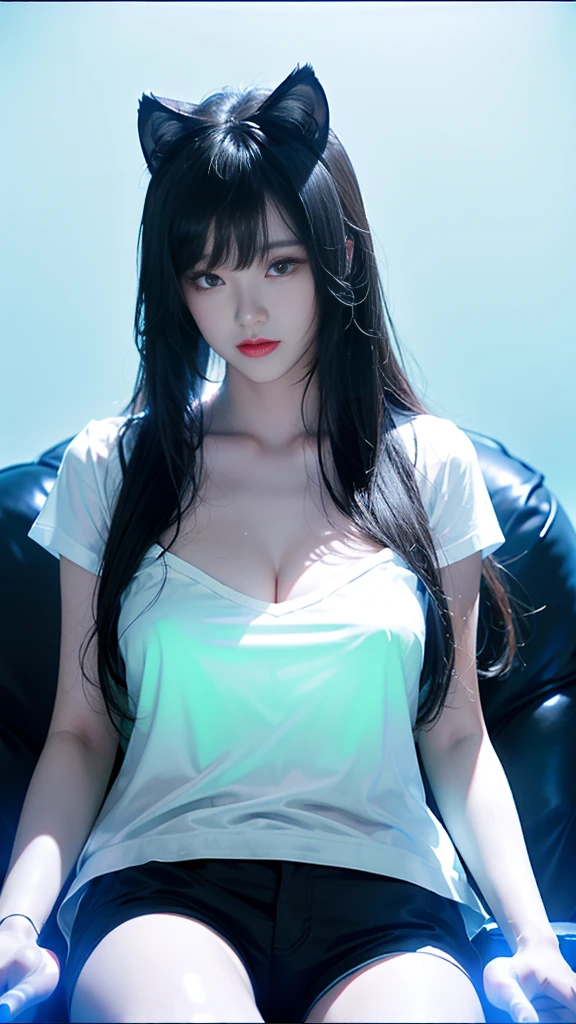 girl、Heaven、hotel、Black long straight hair、Glowing neon lights、Electronic Game Room、Sitting in a gaming chair、girl子玩游戏、Illuminated keyboard、Glowing cat ears、(((UV lamps、White shirt glowing under black light)))、Plump large breasts、Large cleavage、Satin shorts