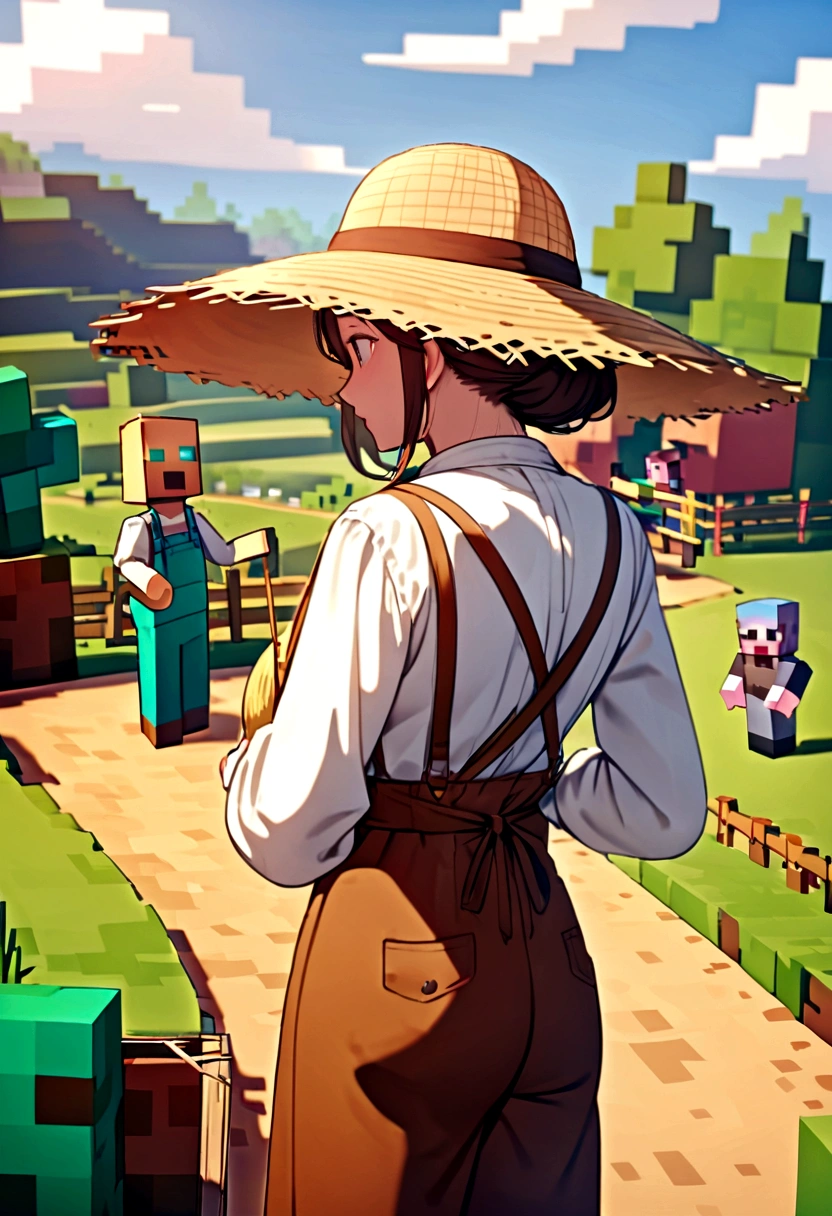 minecraft ,scarecrow, farmer , straw hat, farmer's outfit. 4k