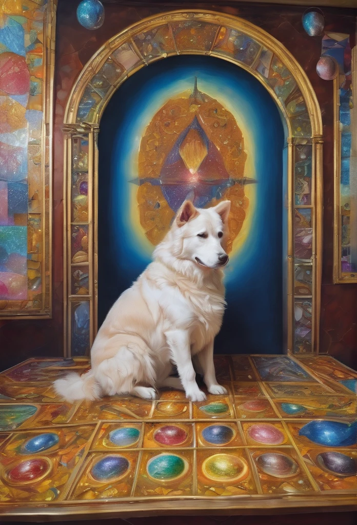 Perro maltes, in the center of the image , lenormand oracle,Beautiful line art photo,Use gold strokes and rainbow paint,Golden Maiden,the golden ratio,Melted wax,Visible brush strokes,surrounded by crystal spheres,3D Mosaic Wireframe,neuroimaging,neurons,colours,California,intense emotion,Oil on canvas,Thick strokes,insanely details,8k ultra high definition,tmasterpiece,art stations,ultra-realistic realism,