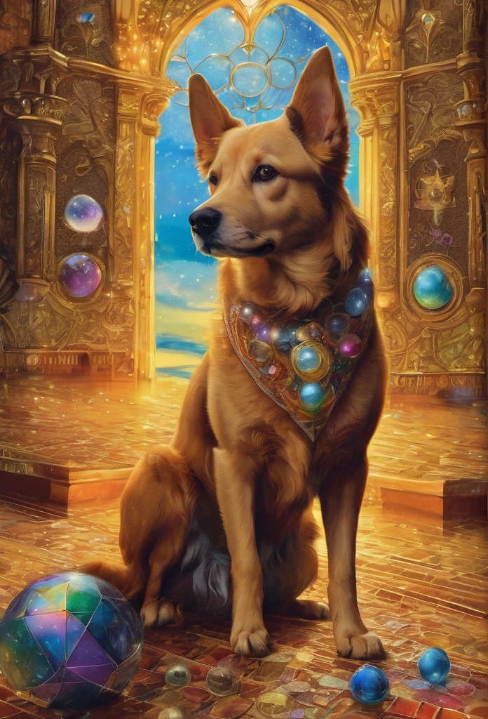 Perro maltes, in the center of the image , lenormand oracle,Beautiful line art photo,Use gold strokes and rainbow paint,Golden Maiden,the golden ratio,Melted wax,Visible brush strokes,surrounded by crystal spheres,3D Mosaic Wireframe,neuroimaging,neurons,colours,California,intense emotion,Oil on canvas,Thick strokes,insanely details,8k ultra high definition,tmasterpiece,art stations,ultra-realistic realism,