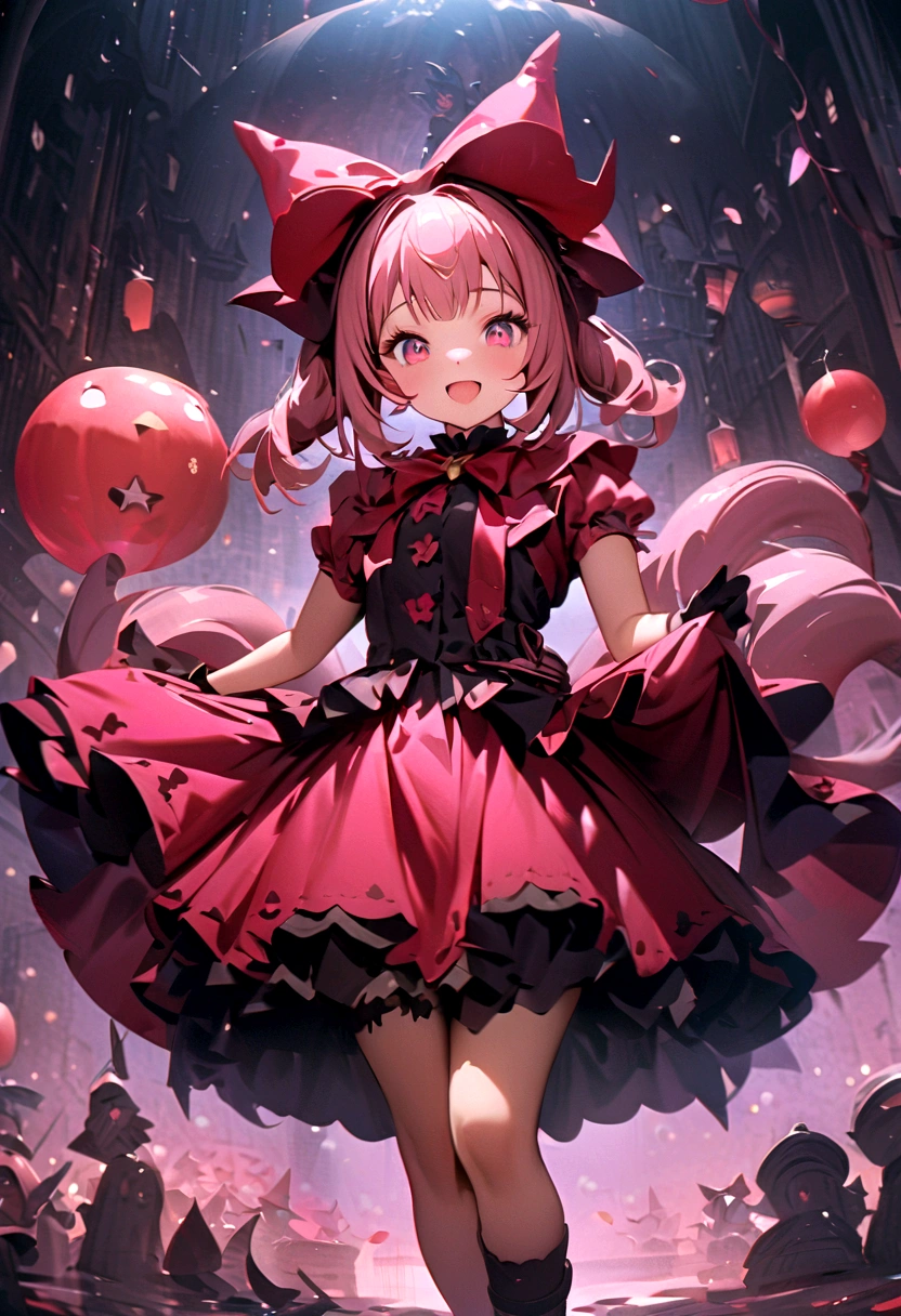 woman,((Lovely),beautiful eyes,make up,(Smile),open mouth,(Double tail),pink,night,masterpiece,high resolution,Surrealism,提high resolution,original photo,Best quality,Looking down at the audience,Little Witch
