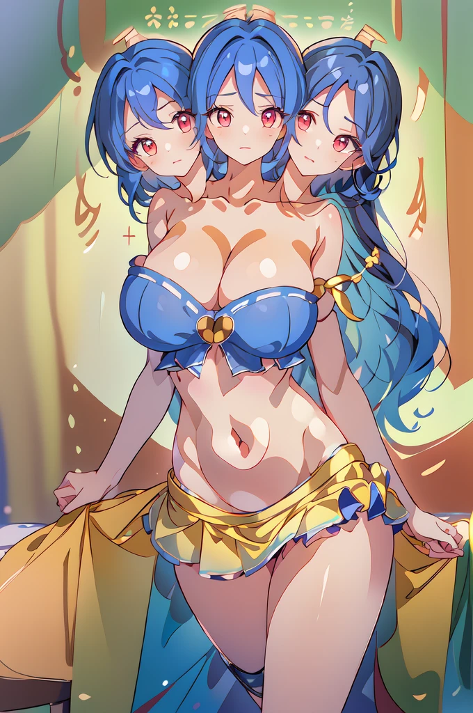 (masterpiece, best quality), best quality, (ultra-detailed), (3heads:1.5), 1girl, (Megumu Iizunamaru:1.3), masterpiece, best quality, ultra quality, ultra resolution, ultra detail, dark blue top, crop top, ((stomach)), midriff, ((groin)), dark blue skirt, normal ears, , blue hair, very long hair, wavy hair, sidelocks, red eyes, detailed eyes, parted lips, open belly, sweat, cute, toned belly, hand on own , eyelashes, (24 year old woman:1.3), (masterpiece:1.5), (best quality:1.5), (beautiful detailed), extremely detailed CG, extremely delicate and beautiful, depth of field, (finely detailed face), (perfect details:1.2), (mature female:1.3), wide pelvis, slender, large veiny , 16k resolution, highres, high quality, high definition, extremely detailed, masterpiece, blue hair, long hair, alluring presence, braid, short skirt, close up, very big , huge , young, blue tokin, golden pauldron, (girl with three heads), ((three headed girl)), 
