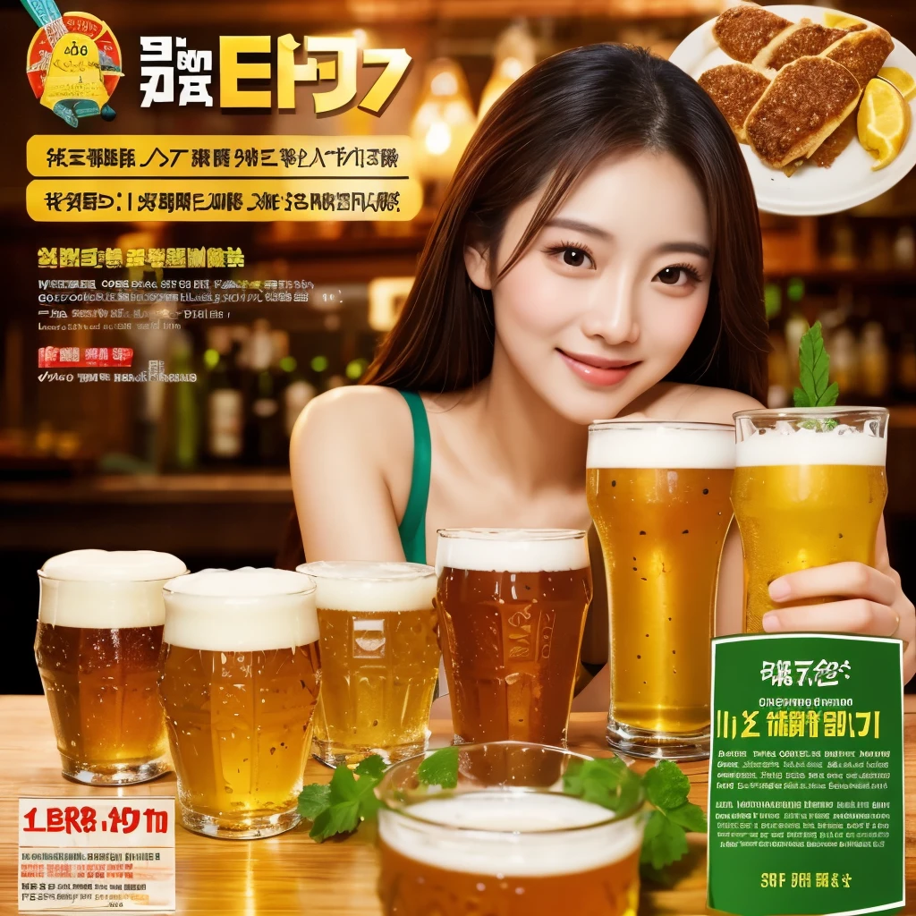 Beer promotion flyer, beauty asian, holding 2 glasses of beer