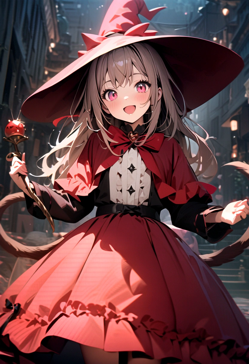 woman,((Lovely),beautiful eyes,make up,(Smile),open mouth,(Double tail),pink,night,masterpiece,high resolution,Surrealism,提high resolution,original photo,Best quality,Looking down at the audience,Little Witch