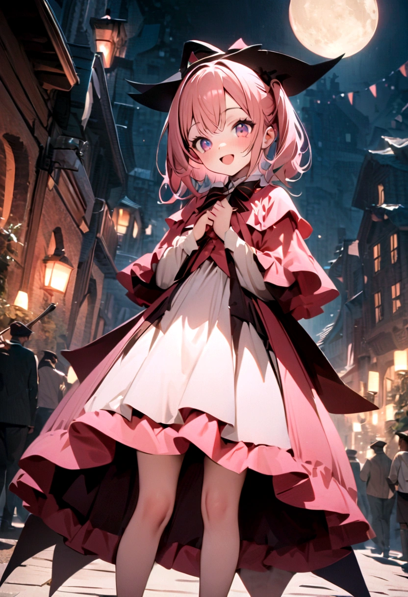 woman,((Lovely),beautiful eyes,make up,(Smile),open mouth,(Double tail),pink,night,masterpiece,high resolution,Surrealism,提high resolution,original photo,Best quality,Looking down at the audience,Little Witch