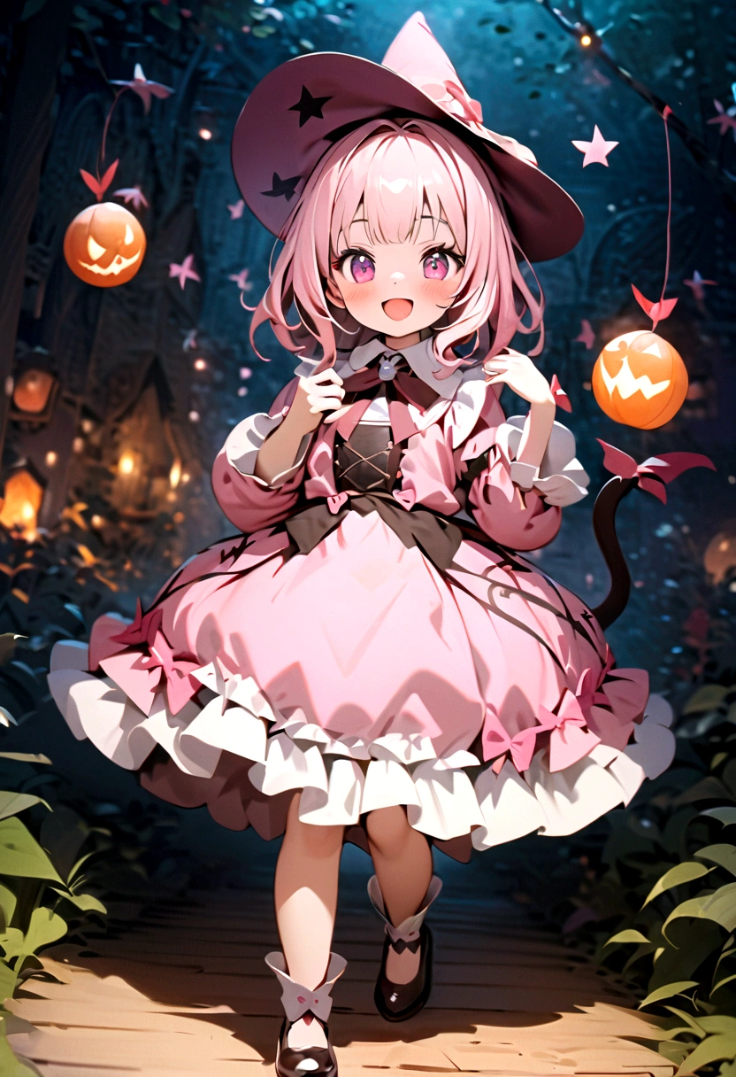 woman,((Lovely),beautiful eyes,make up,(Smile),open mouth,(Double tail),pink,night,masterpiece,high resolution,Surrealism,提high resolution,original photo,Best quality,Looking down at the audience,Little Witch
