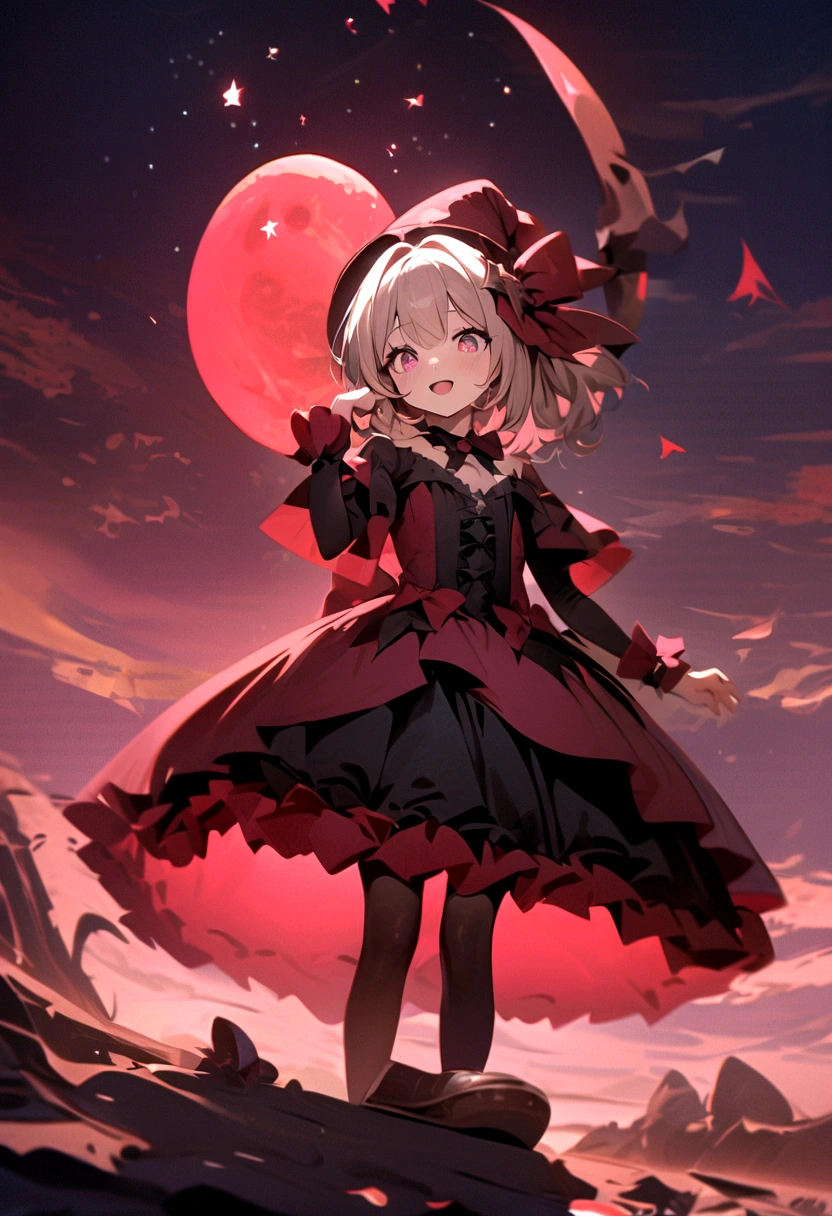 woman,((Lovely),beautiful eyes,make up,(Smile),open mouth,(Double tail),pink,night,masterpiece,high resolution,Surrealism,提high resolution,original photo,Best quality,Looking down at the audience,Little Witch