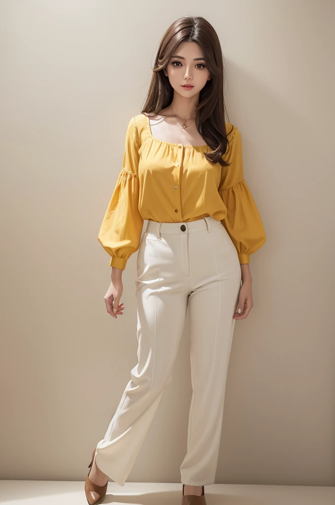 brunette brown eye yellow blouse full body with white background