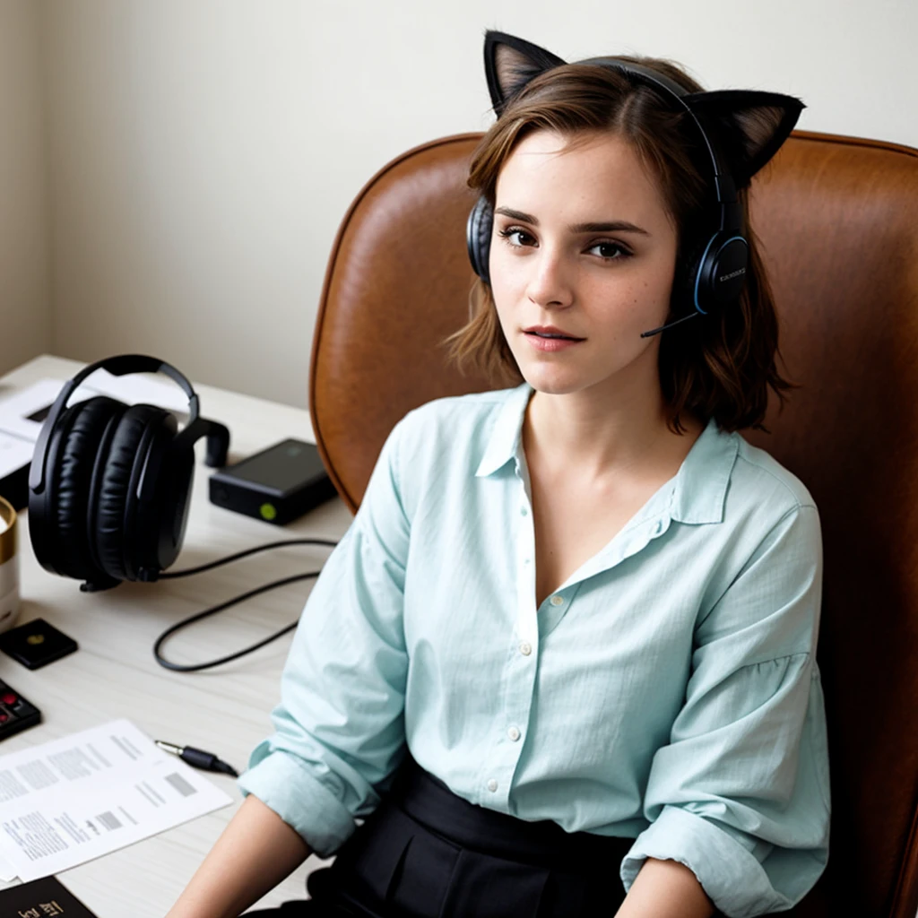 webcam photo, emmawatson siting in her desk chair, cat ear gaming headset, ((grabbing her neck)), [r/altgonewild], reddit, medium quality, bad aesthetic, grainy, lowres, poofy hair, eyeliner, casual clothes,solo,shy