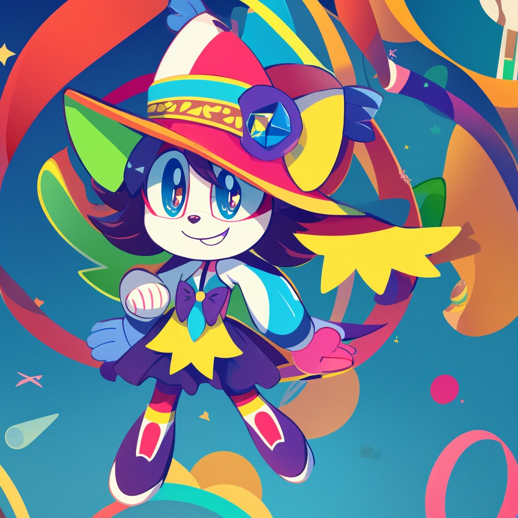 Design a cute and crazy anime-style mascot character. It should have large, sparkly eyes, a mischievous grin, and vibrant, colorful hair. The outfit should be playful and whimsical, with bright colors like pink, blue, and yellow. Add fun details like a wavy antenna or a quirky hat. The character should have a round, soft body with small limbs to enhance its cuteness.