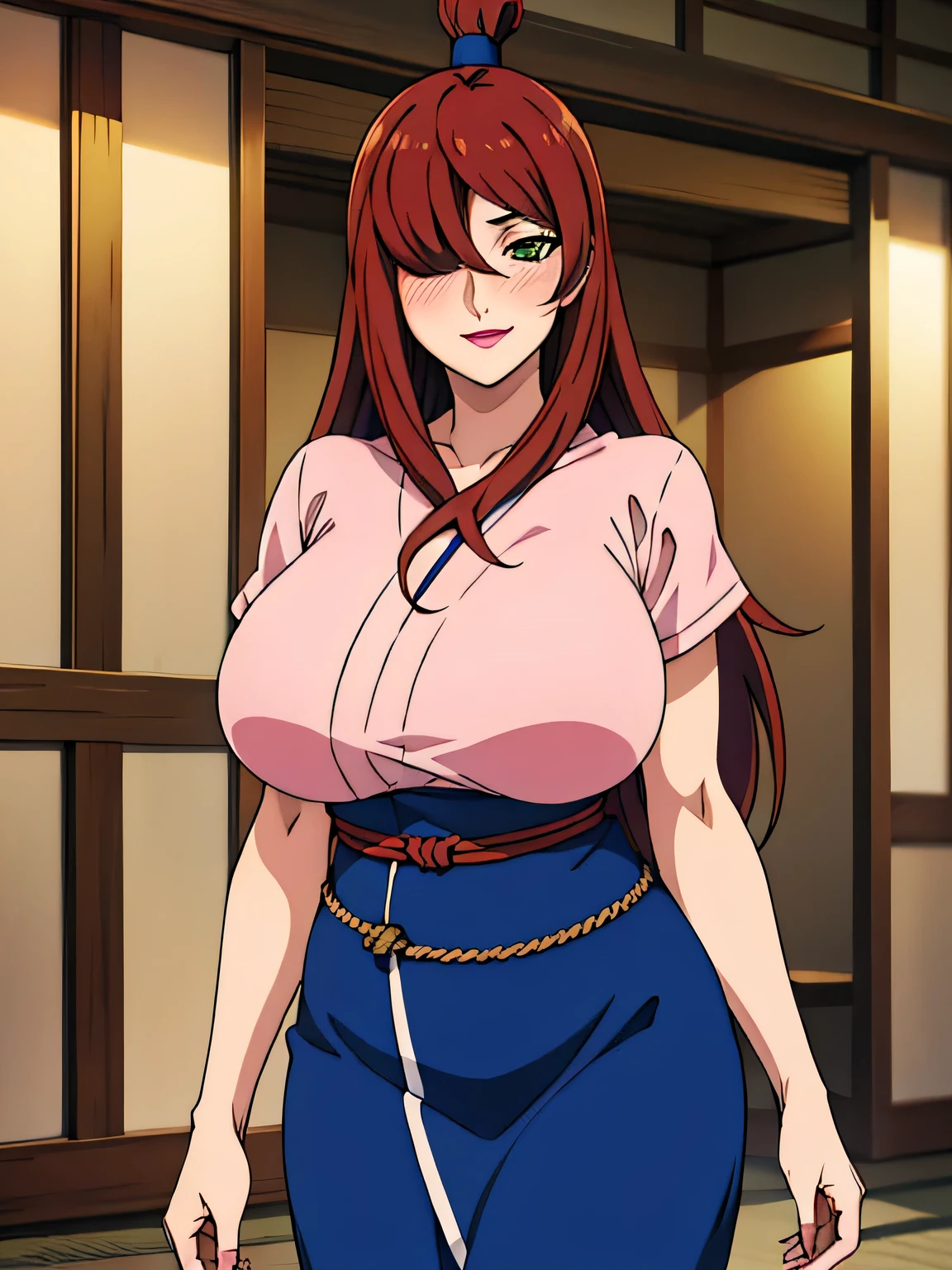 crouched on the floor, (blue slave outfit), indoor japanese room, indoor japanese background, Terumi Mei, the 25, women, standing alone, Hiromitsu Takeda, Estilo, anime sky style, best qualityer, high resolution, (breast.3), cowboy shot, blush, smiling, Fine body, long hair, chestnut hair, greeneyes, ((hair over one eye)), pink lipstick