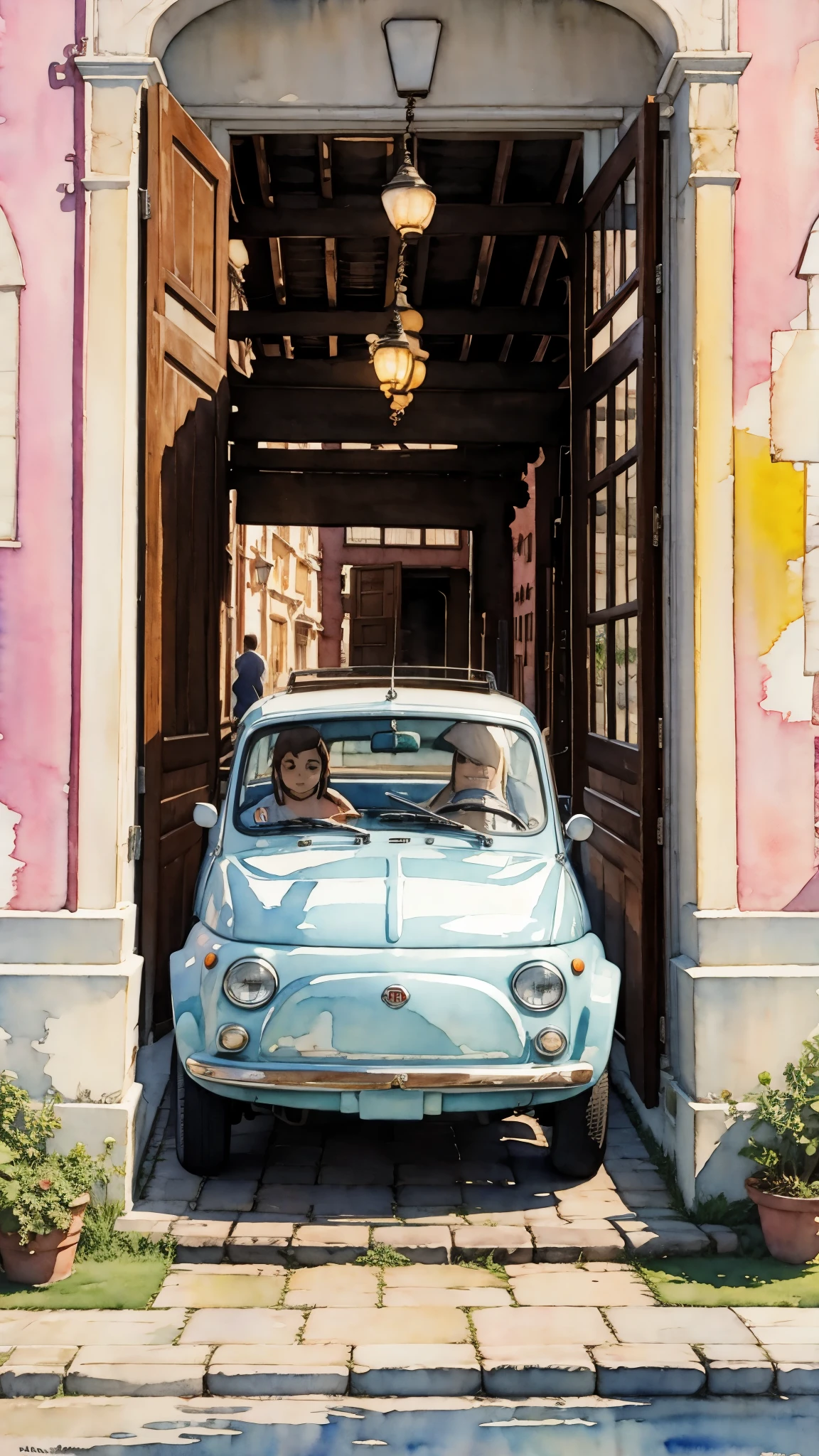(masterpiece:1.2, Highest quality),(Very detailed),(((watercolor))),8K,wallpaper,Cream-colored Fiat 500,Run through the Taj Mahal
,(((Ghibli style))),透明watercolor