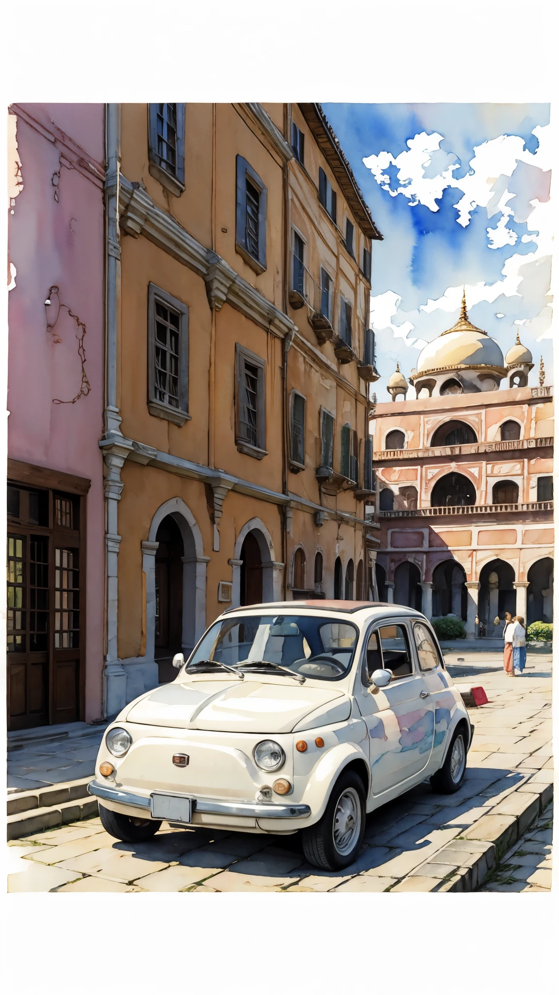 (masterpiece:1.2, Highest quality),(Very detailed),(((watercolor))),8K,wallpaper,Cream-colored Fiat 500,Run through the Taj Mahal
,(((Ghibli style))),透明watercolor