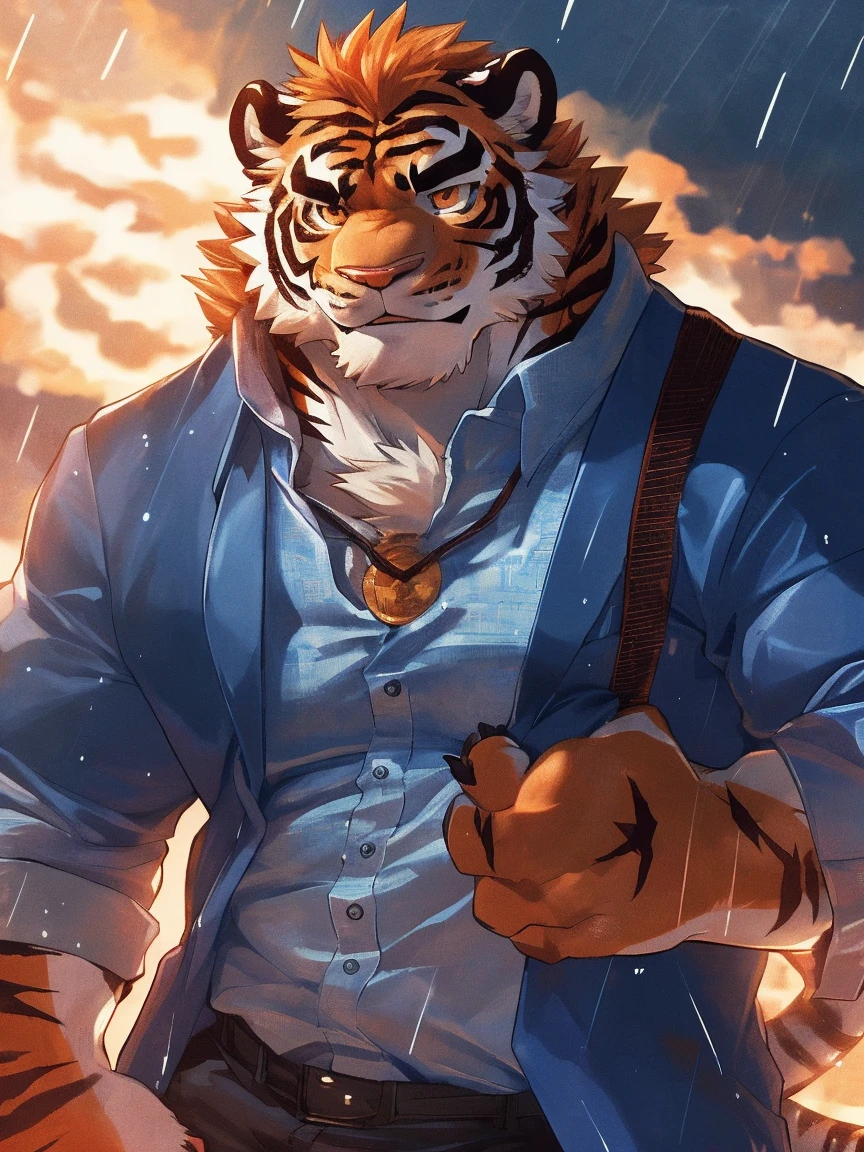 human nature, Wildlife, male,18 years old, solitary, ((Round Face, The face is plump,Orange eyes,Thick orange hair,With scars)), ((Endomorph, Handsome,Hot Blood)), (Sportswear,Light blue and white coat,), ((domestic tiger, tiger,) Fluffy fur, Fluffy), Bokeh, (high quality, high resolution, masterpiece), (Dynamic Lighting, Vibrant colors,Natural fill light), (Revitalize,harm,Disdain,aggressive), Full body picture (close up), cartoon, author:Takemoto Arashi, From zixiong, By Chunni, author:Empty Ghost,(background:Raining dead city)