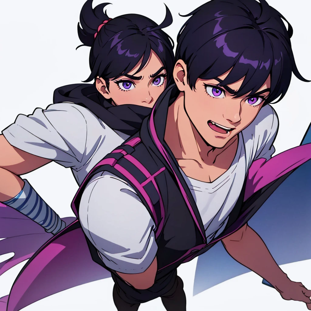 full face visible, looking towards camera, looking forward, short black hair, highres, high resolution, masterpiece, wide purple eyes, talking, neutral face, confident, masterpiece, best quality, highres, 1 man, 1 person, 1 entity, Baro Shoei blue lock, extremely short hair, black hair, short hair, teenager, colorful hair, light background, full body, teenager, colorful parts, symbols, dark , bold, realistic mixing dark lines and loose lines, bold lines, on paper, human man, full body, imposing pose, stylish outfit, dark theme, handsome, attractive, boastful, standing, male, sharp chin, wide jaw, square face, white background, highres, high resolution, masterpiece, laughing, laughing a lot, huge laughing, hysterical, howling, dying of laughter, super happy