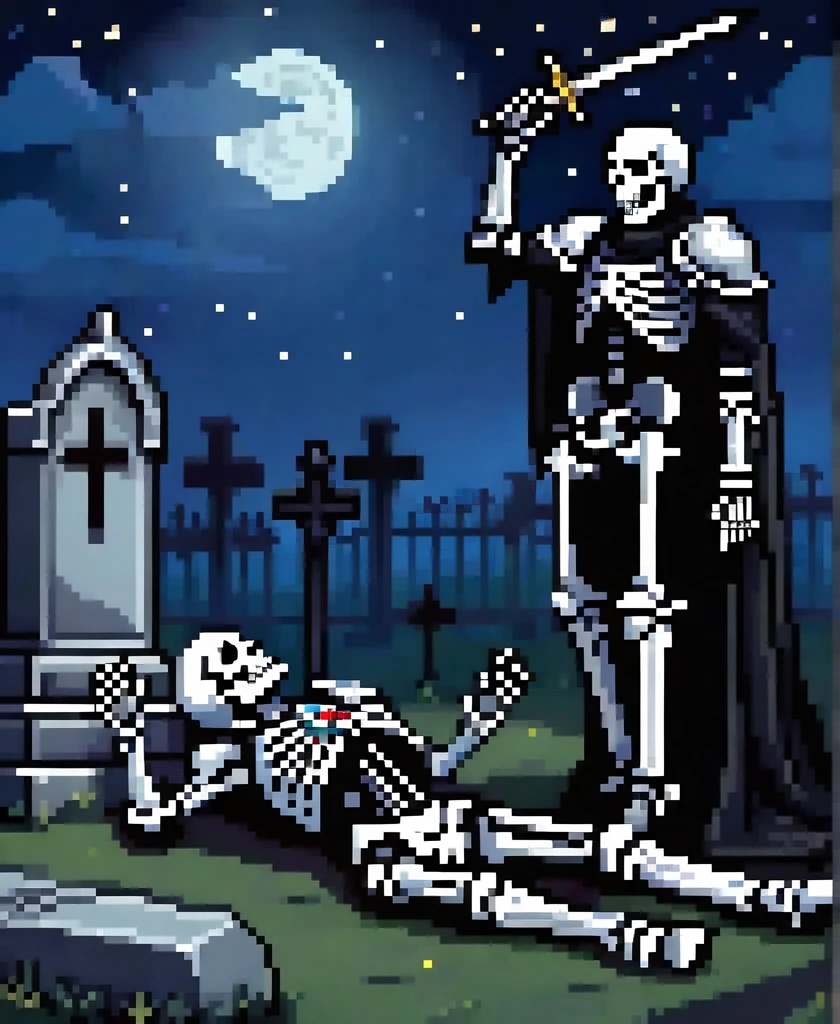 gothic black knight injured lying and raising his arm to the night sky in a cemetery two skeleton holding the knight