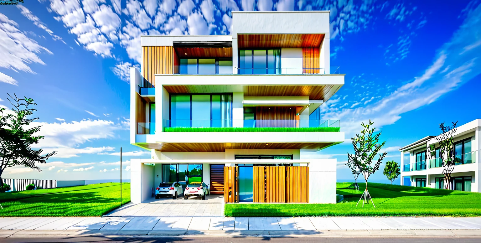 Raw photo, Masterpiece, high quality, best quality, authentic, super detail, outdoors, house style modern, white wall, glass windows, minimalist line, grass, trees, blue sky, morning daylight, vivid color,
