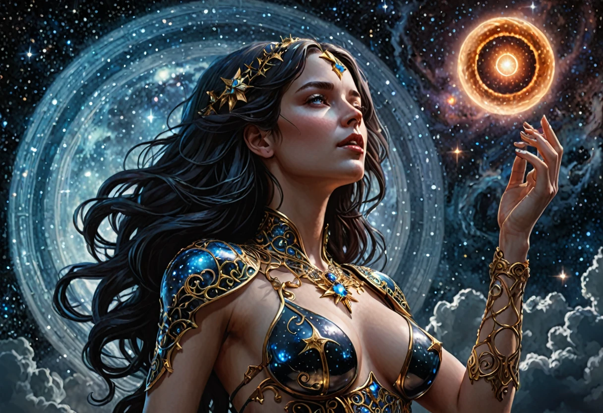 Metaverse Woman body, of eternity artifact Holly souls item a highly-detailed dark fantasy masterpiece illustration by seb mckinnon; deep colors, intricate detail, backlight, trending on artstation, volumetric light , cosmos style, stars clouds, black holes,