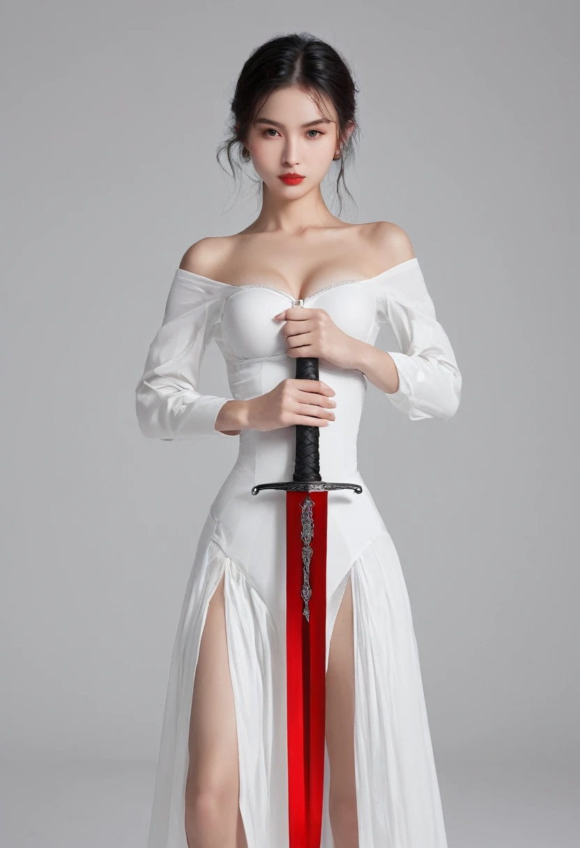 Girl with sword,Simple lines,Light underwear,(transparent),The chest is faintly visible,Cleavage,Minimalism,Holding a red long sword,