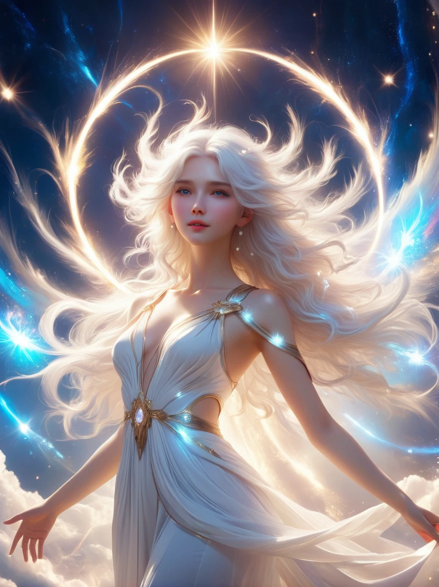 1xknh1, (full-body shot:1.4), A goddess with a white halo on her head，White hair，Ethereal beauty，Luminescence，Angel，Explosion of light，Infinite light and love