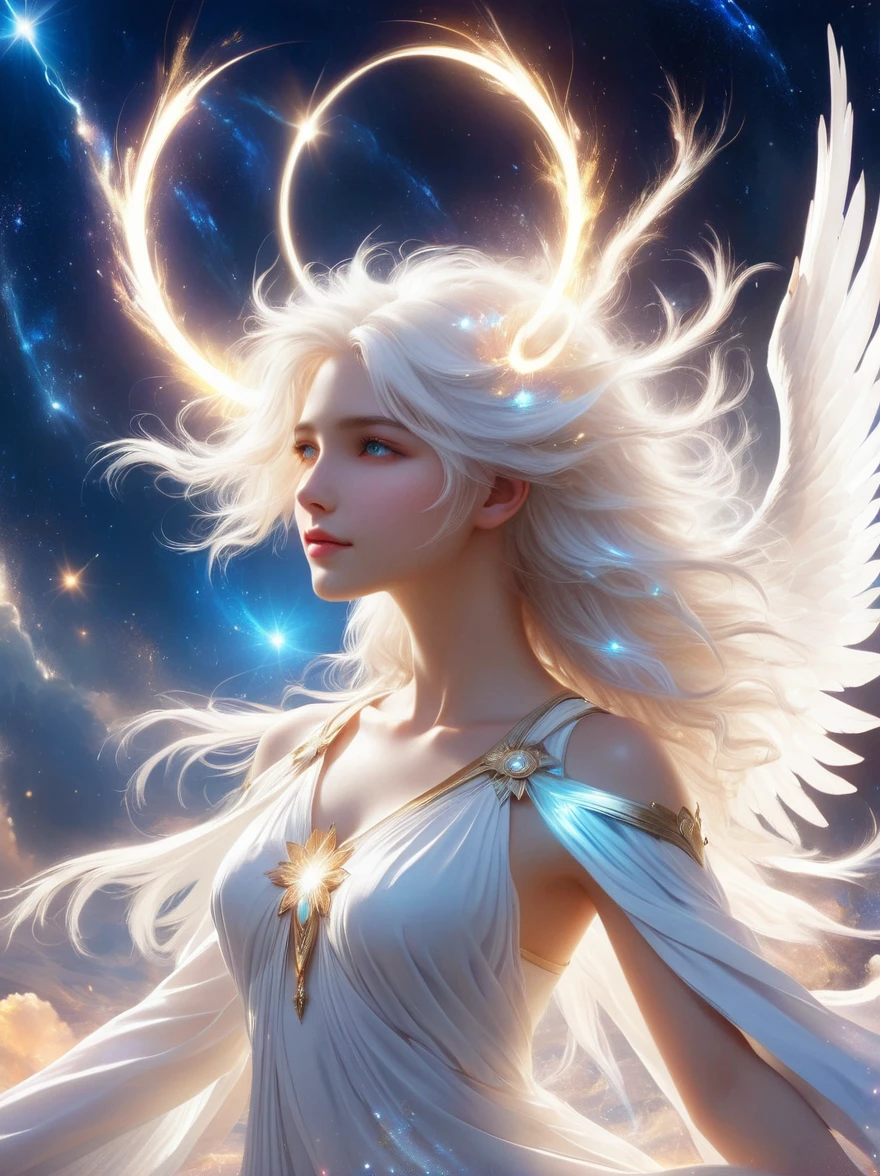 1xknh1, (full-body shot:1.4), A goddess with a white halo on her head，White hair，Ethereal beauty，Luminescence，Angel，Explosion of light，Infinite light and love