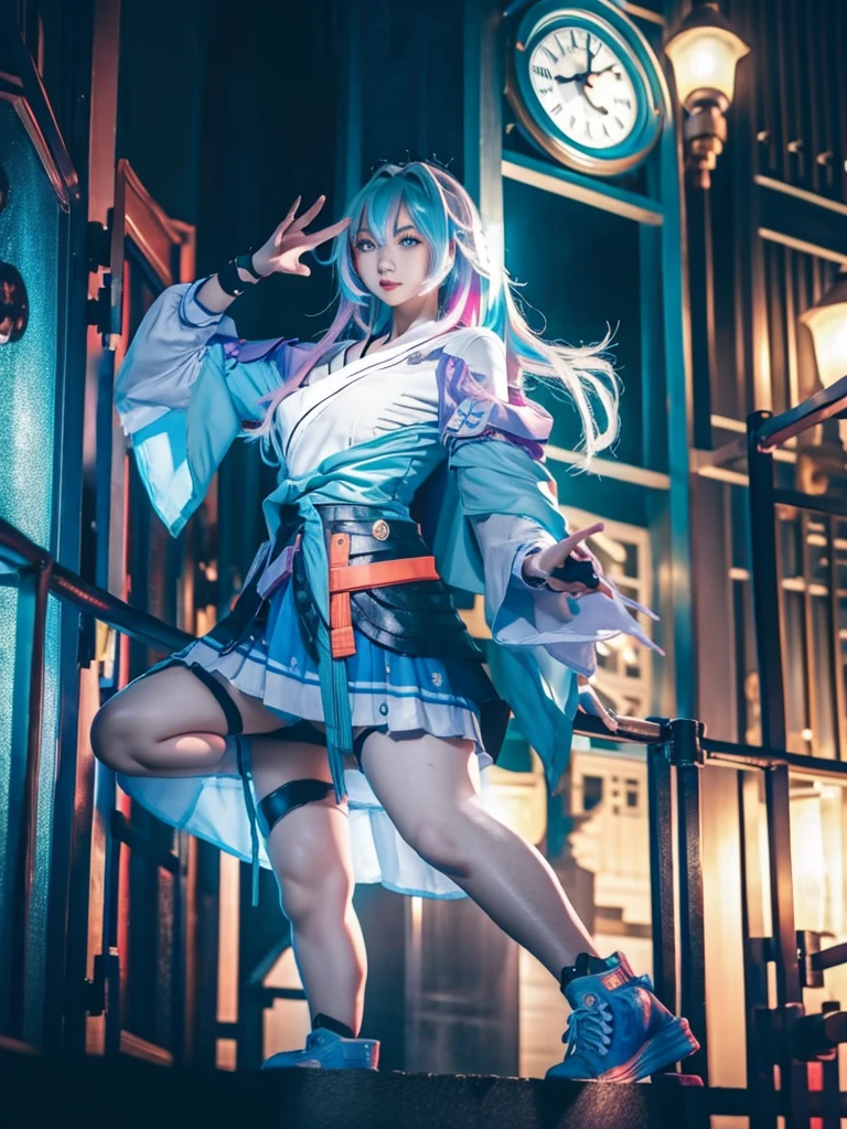 (masterpiece), best quality, 1girl, long chinese robe, martial artist, vigilante, full body, urban, night city, Hatsune Miku, superhero, time wizard, high top sneakers, time magic, multicolored hair, Gradient leggings, full sleeves, makeup, cute face, teal white dress, taichi pose, black gloves, clock tower background, long sleeves,