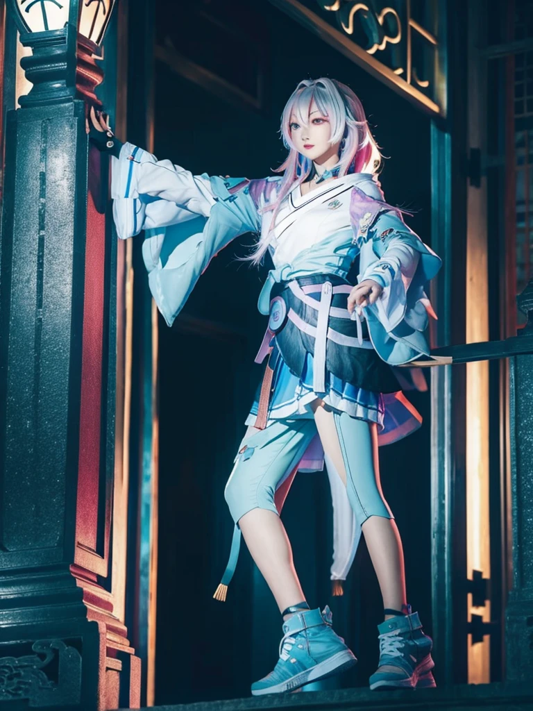 (masterpiece), best quality, 1girl, long chinese robe, martial artist, vigilante, full body, urban, night city, Hatsune Miku, superhero, time wizard, high top sneakers, time magic, multicolored hair, Gradient leggings, full sleeves, makeup, cute face, teal white dress, taichi pose, black gloves, clock tower background, long sleeves, 