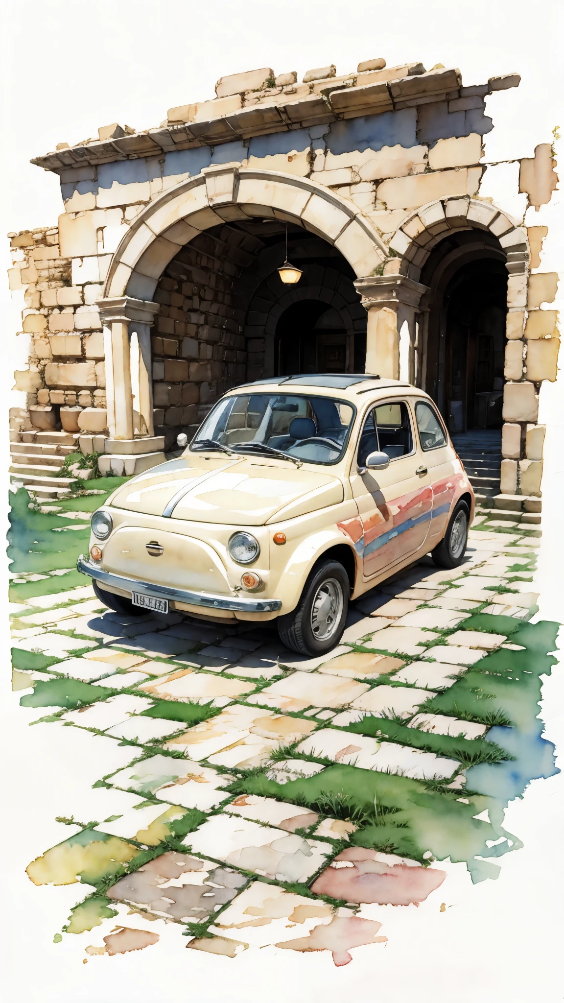 (masterpiece:1.2, Highest quality),(Very detailed),(((watercolor))),8K,wallpaper,Cream-colored Fiat 500,jordan,Ride through the Petra ruins,(((Ghibli style))),透明watercolor