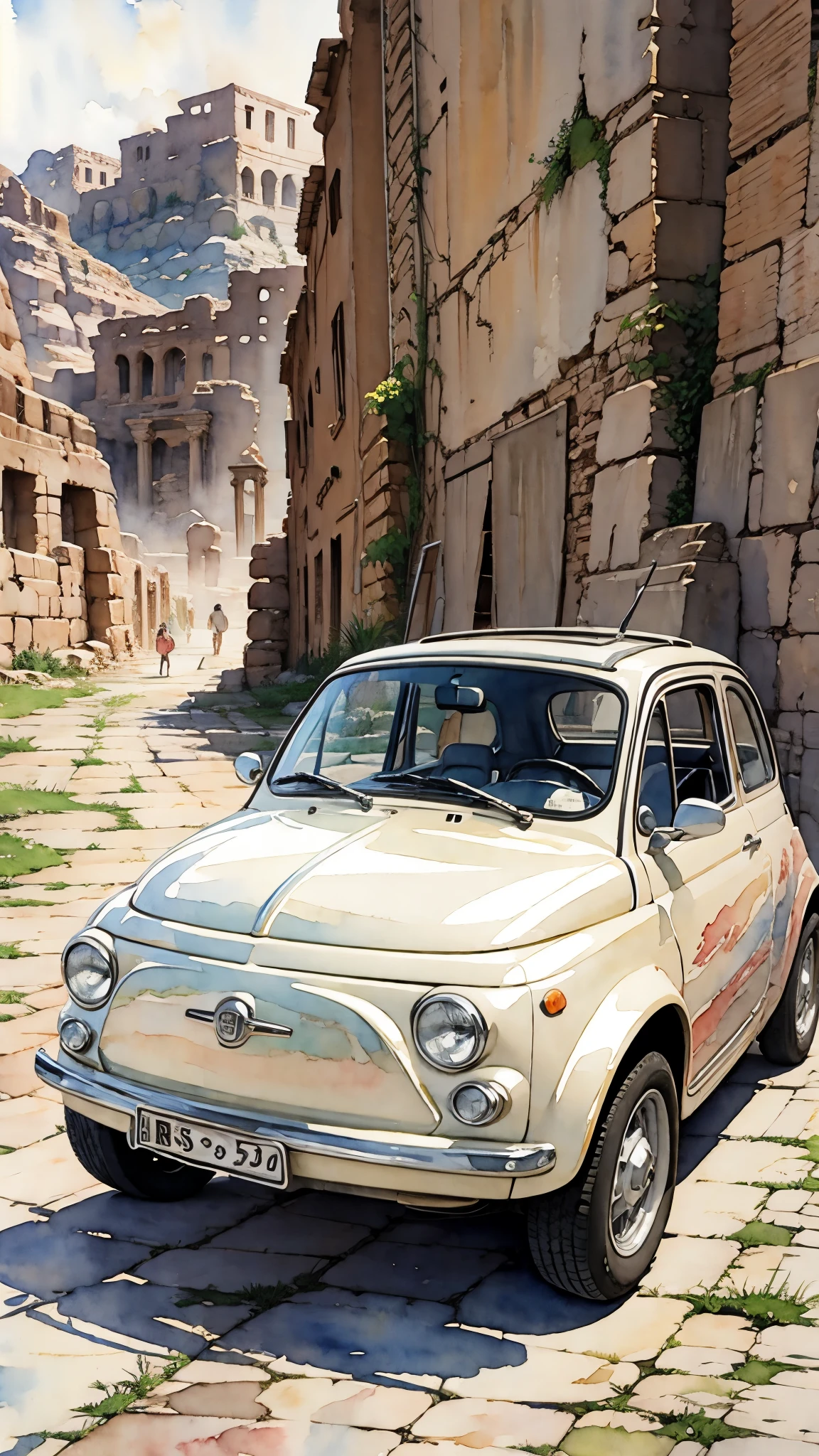 (masterpiece:1.2, Highest quality),(Very detailed),(((watercolor))),8K,wallpaper,Cream-colored Fiat 500,jordan,Ride through the Petra ruins,(((Ghibli style))),透明watercolor