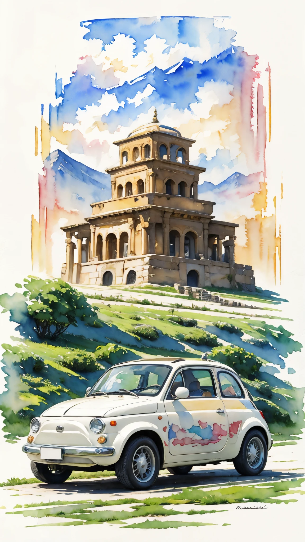 (masterpiece:1.2, Highest quality),(Very detailed),(((watercolor))),8K,wallpaper,Cream-colored Fiat 500,Iran,Ride through Persepolis
,(((Ghibli style))),透明watercolor
