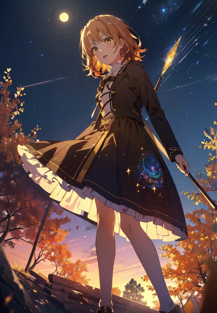 Irohaisshiki, isshiki iroha, Short Hair, Brown Hair, (Brown eyes:1.5), smile,((Night Sky)),((Big full moon)),((Sparkling and colorful stars)),Fluffy hair,((Idol style costume with soft volume)),Long skirt,Pointed shoes,Possessing a jeweled magic wand grip in his right hand,((witch)),Rubik&#39;s Square,So that the whole body goes into the illustration,
break outdoors, forest,forest
break looking at viewer,
break (masterpiece:1.2), Highest quality, High resolution, unity 8k wallpaper, (shape:0.8), (Narrow and beautiful eyes:1.6), Highly detailed face, Perfect lighting, Highly detailed CG, (Perfect hands, Perfect Anatomy),