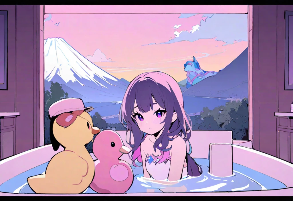 koseki-bijou/(Hololive/),(Flat Color:1.1), (colorful:1.3), (masterpiece:1.2), Highest quality, masterpiece, original, Highly detailed wallpaper, View your audience, One Girl, Cat ear、Black Hair、Shortcuts、、alone, Enter the bathhouse、Soak in a spacious bathtub、Mount Fuji painting、Duck toys、Dachshund Dog、front